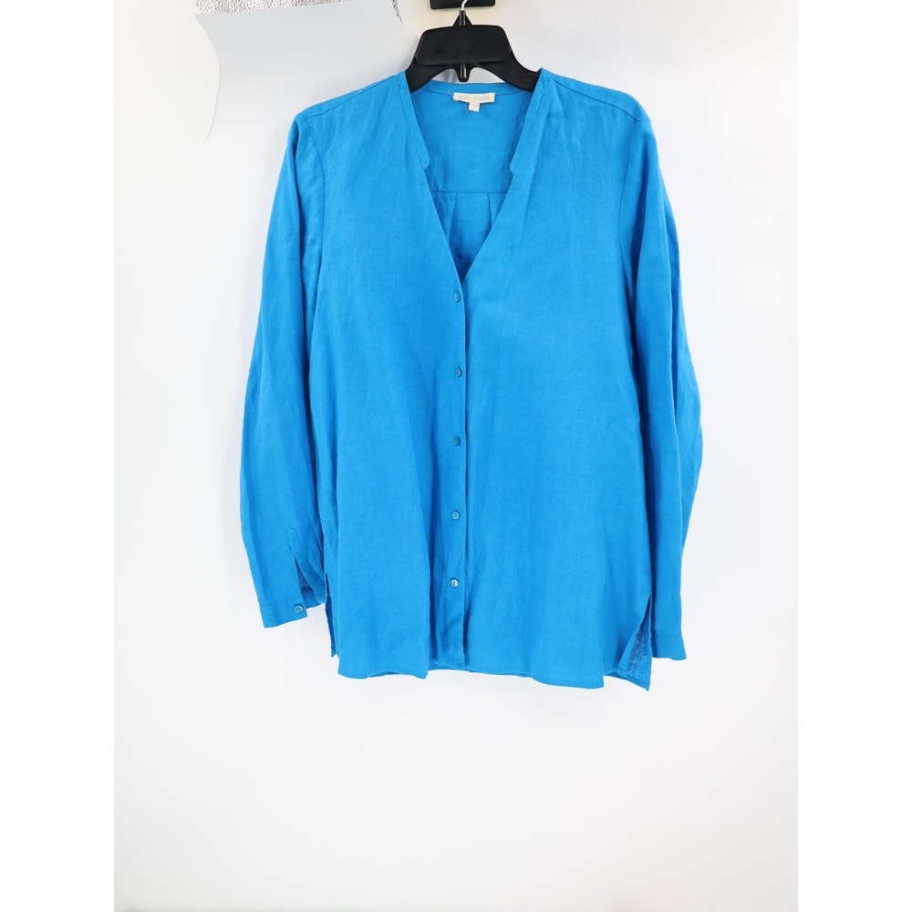 Eileen Fisher Top Womens Medium Irish Linen Button Up Long Sleeve V Neck blue
